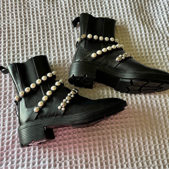 ZARA Leather Lug Sole Pearl Accented Chelsea Ankle Boots - Picture 8 of 10